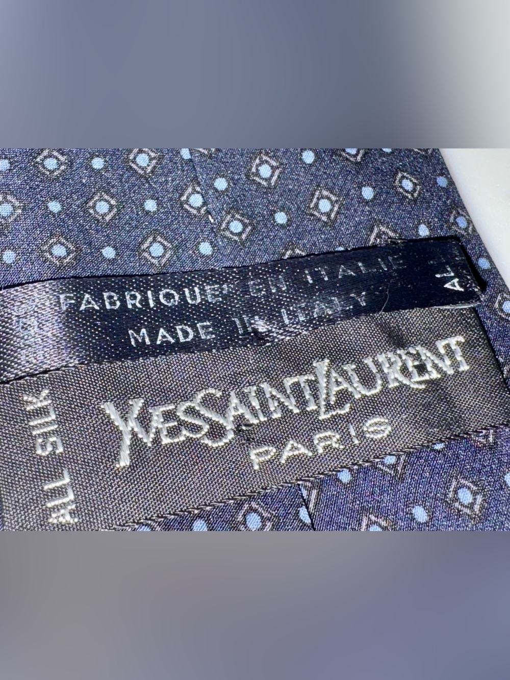 Yves Saint Laurent Silk Tie, Light Gray and Blue Dot Print on Navy Blue